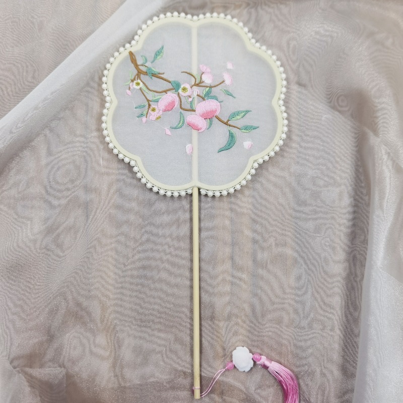真珠手作り扇子、刺繍扇子、古風丸型扇子、民族風刺繍扇子、古典舞踊扇子|undefined