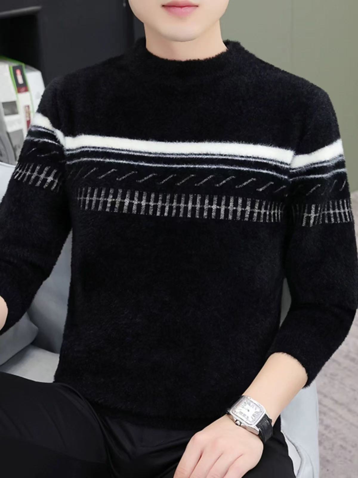 YINGAO retro engrosado jacquard suéter de lana hombre manga larga invierno cálido todo el suéter de lana a rayas de hombre