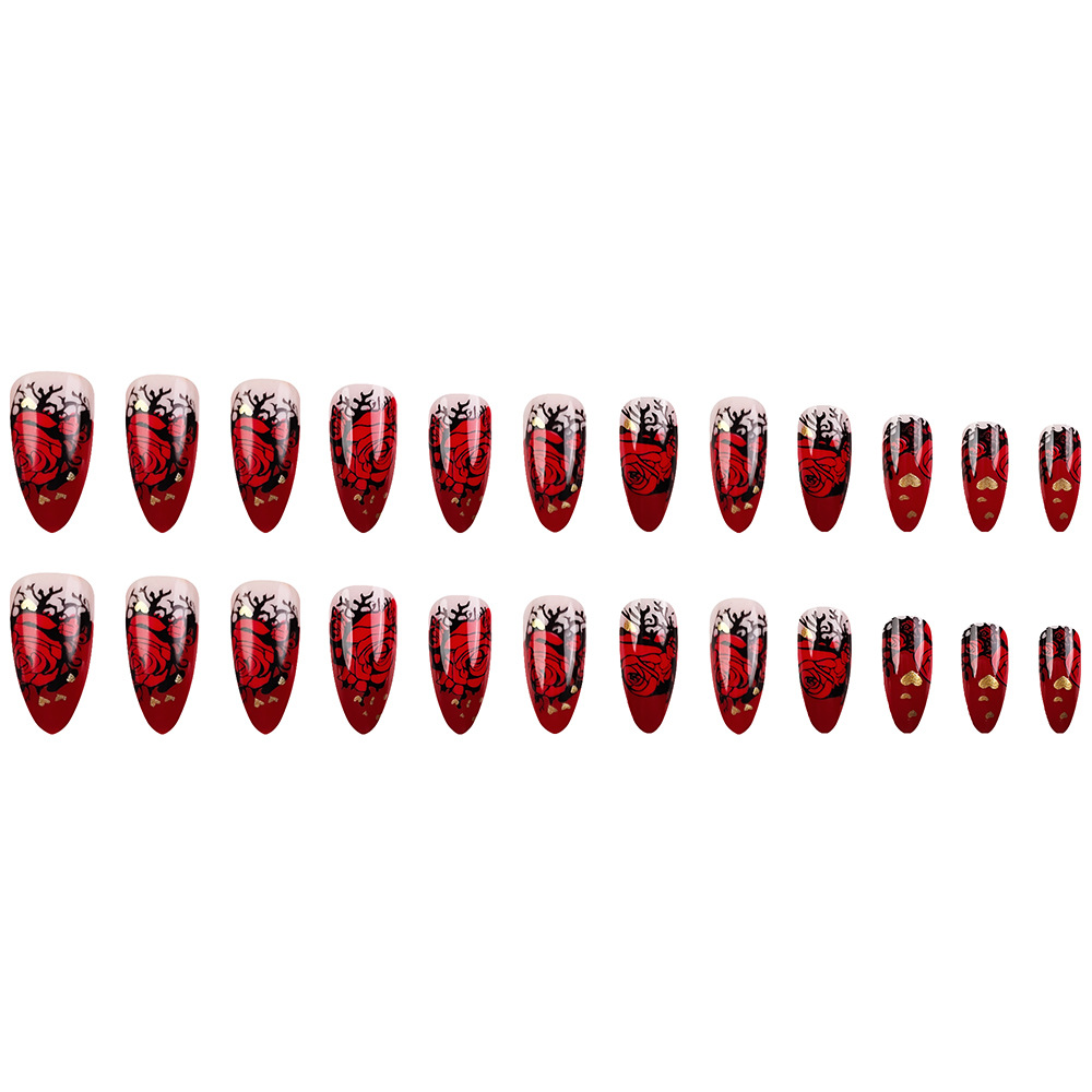 Comercio exterior Día de San Valentín vino rojo retrógrado usar uñas románticas rosas francesas uñas falsas 24 piezas de uñas más vendidas