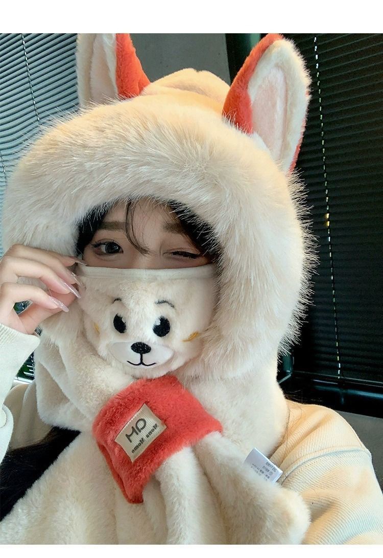 Plush hat in one, women's autumn and winter fox ears cute cycling warm ear protection with thick velvet scarf_voghion.com