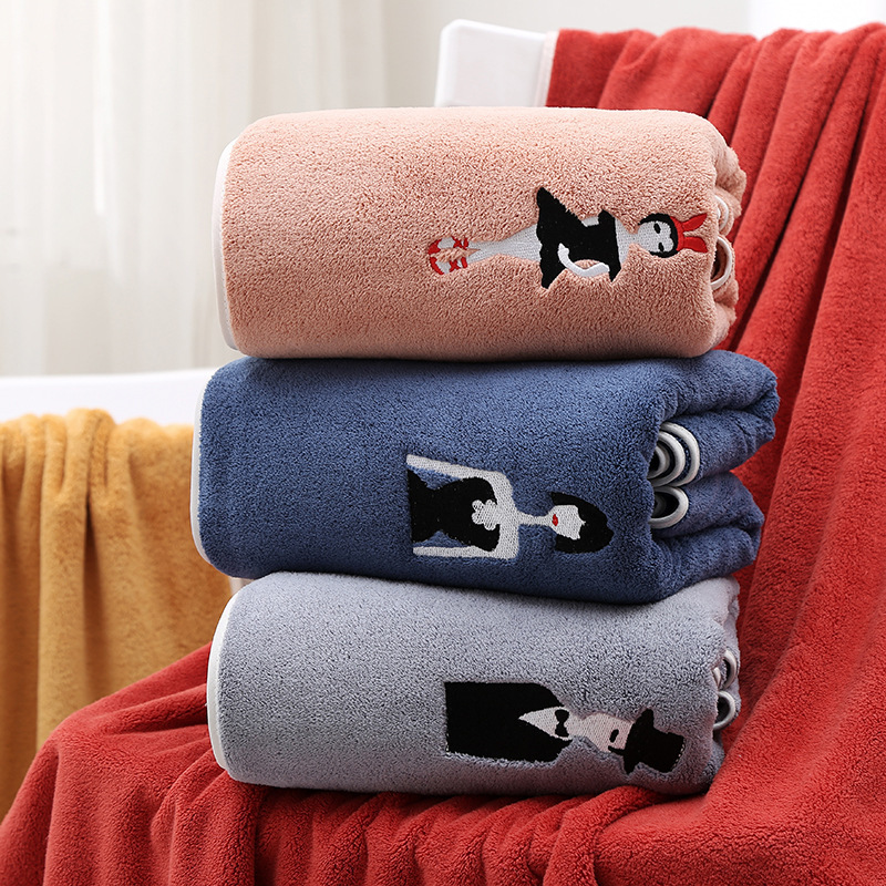 Wf Household Hangable Embroidered Bath Towel Soft and Absorbent Bathroom Fiber Embroidered Character Couple Large Bath Towel Beach Towel Wf Household Hangable Embroidered Bath Towel Soft and Absorbent Bathroom Fiber Embroidered Character Couple Large Bath Towel Beach Towel