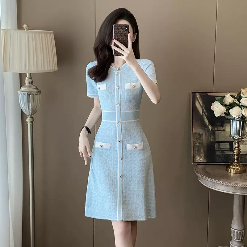 十三行女装2025夏新款款小香风短袖修身冰丝A字裙子针织连衣裙女