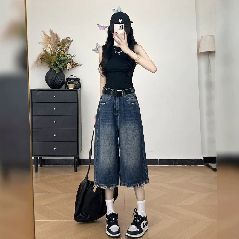 American Retro Style Distressed Loose-Fitting Cropped Jeans for Women, Summer Thin High-Waisted Relaxed Casual Straight-Leg Pants