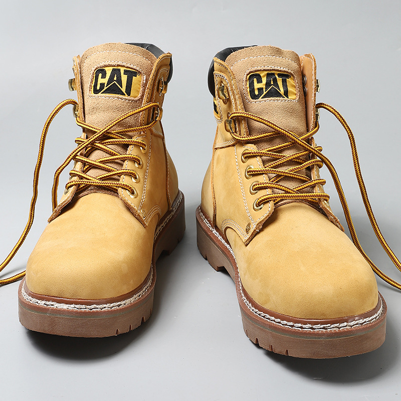 Couple's Matching First-Layer Cowhide Martin Boots, Workwear Cat Outdoor Yellow Boots, Hand-Sewn Men's And Women's Shoes