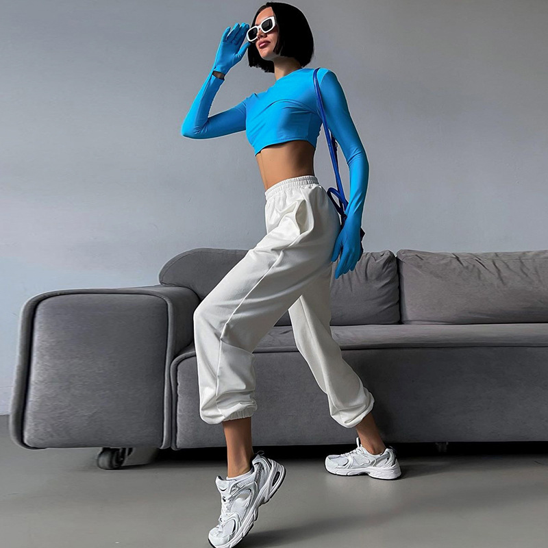 Damen 2024 Sommer Neue Mode Einfarbig Slim Fit Offene Nabelschnur Rundhals Langarm Handschuh T-Shirt Top_voghion.com