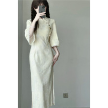 「晓霜」复古倒大袖冬季新款少女旗袍纯色蕾丝优雅年轻款修身旗袍