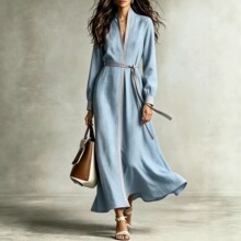 2026跨境外贸秋冬季休闲风女宽松长袖气质长裙系带连衣裙