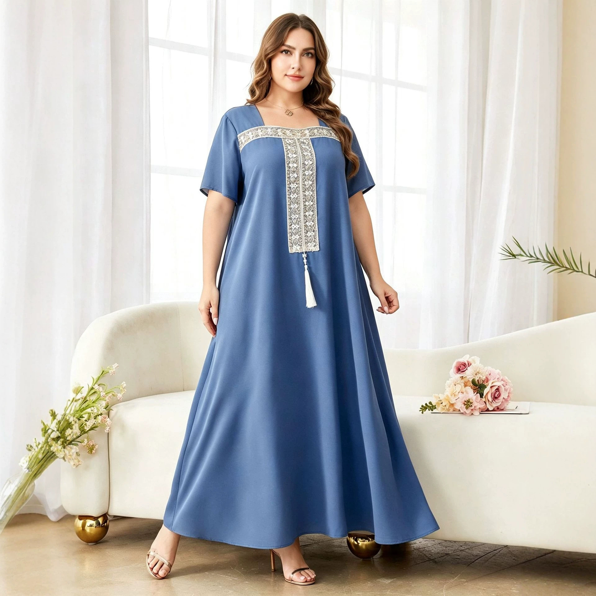 Clearance sale on limited sizes! Blue embroidered tassel dress, loose fit, flattering and slimming, plus size long robe.