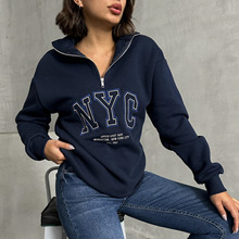 俄罗斯热卖秋冬欧美女装纯色字母印花拉链立领加绒卫衣女亚马逊