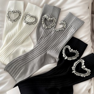 Luxury European-Style Decorative Hollow Heart Spring and Summer Thin Cotton Socks for Women with Rhinestones and Double Needle Craftsmanship