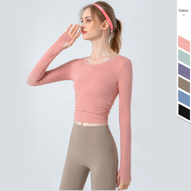 Primavera y verano nueva ropa de Yoga de manga larga con cuello en V plisado apretado adelgazamiento ombligo superior de secado rápido ropa de entrenamiento transpirable