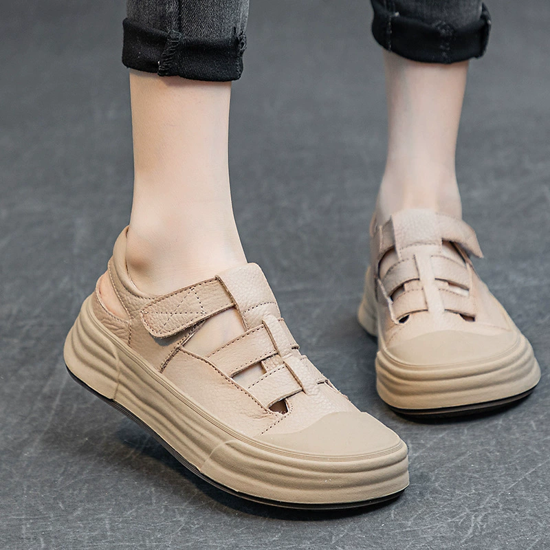 Сандалии с носком, женские летние римские туфли с верхним слоем из воловьей кожи, новые полые туфли из натуральной кожи, повседневная обувь с дырками, толстые кроссовки