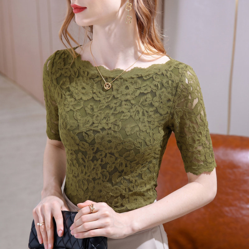 2026 New French Style Off-Shoulder Mid-Sleeve T-Shirt Slim Fit Three-Quarter Sleeve Lace Slimming Sexy Off-Shoulder Top for Early Autumn