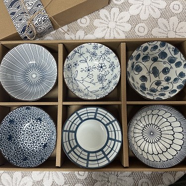 Juego de Tazones para Arroz Azules y Blancos, Estilo Japonés, en Caja Regalo