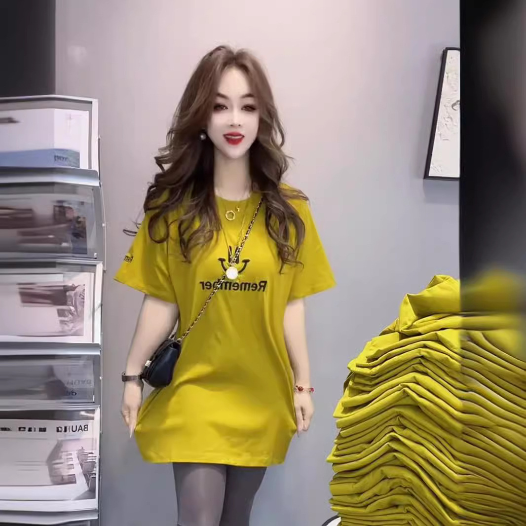 2024 verano moda ropa de mujer diseño sentido letra impresa camiseta de longitud media productos europeos todo fósforo camiseta de manga corta marea ins