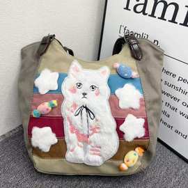小众复古风日常百搭帆布包包女2024新款可爱小猫托特包通勤单肩包