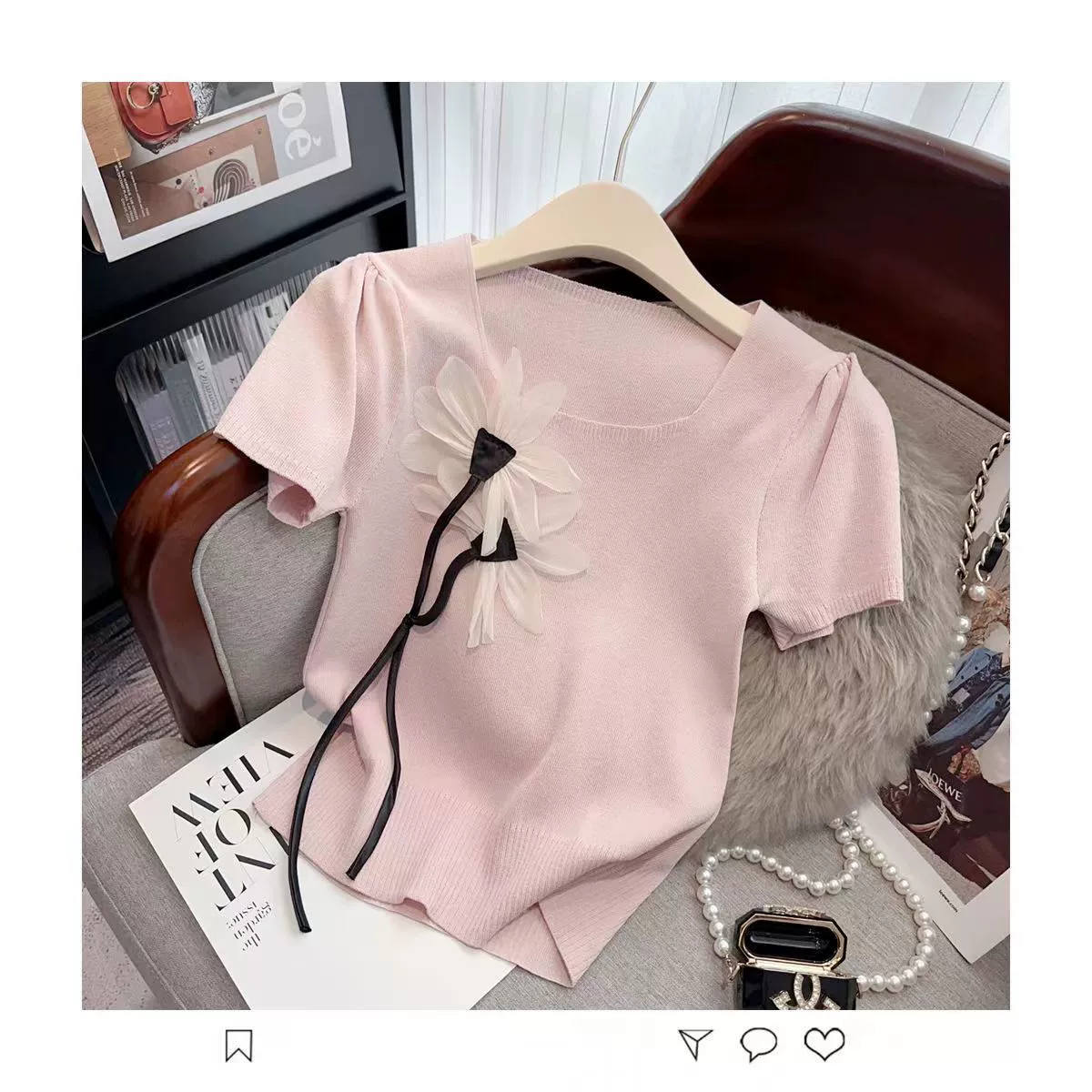 Новый дикий национальный стиль трехмерный трикотаж женский дизайн цветочная футболка летняя тонкая тонкая рубашка с короткими рукавами