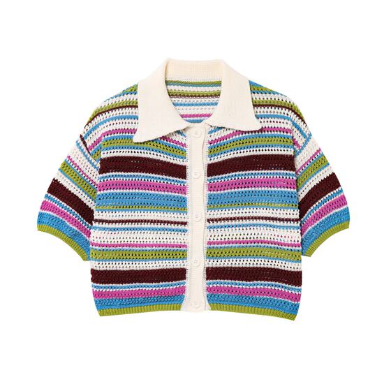 European and American Style Cross-Border Foreign Trade Women's Clothing 2025 Fashion Crochet Polo Shirt Collar Top Striped Crochet Shorts