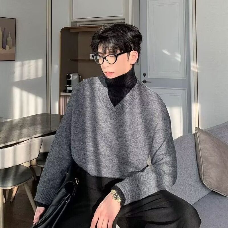 Early Autumn Trendy High-Neck Fake Two-Piece Sweater for Men, Winter Korean Style Loose Lazy Versatile Pullover Base Knitwear