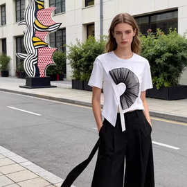 洋气高级设计感立体网纱不规则白色短袖T恤女夏2025新款潮牌