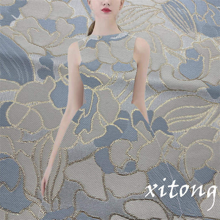 新款百合色织提花几何卡通图案面料女装时尚蓬蓬连衣裙锦涤面料