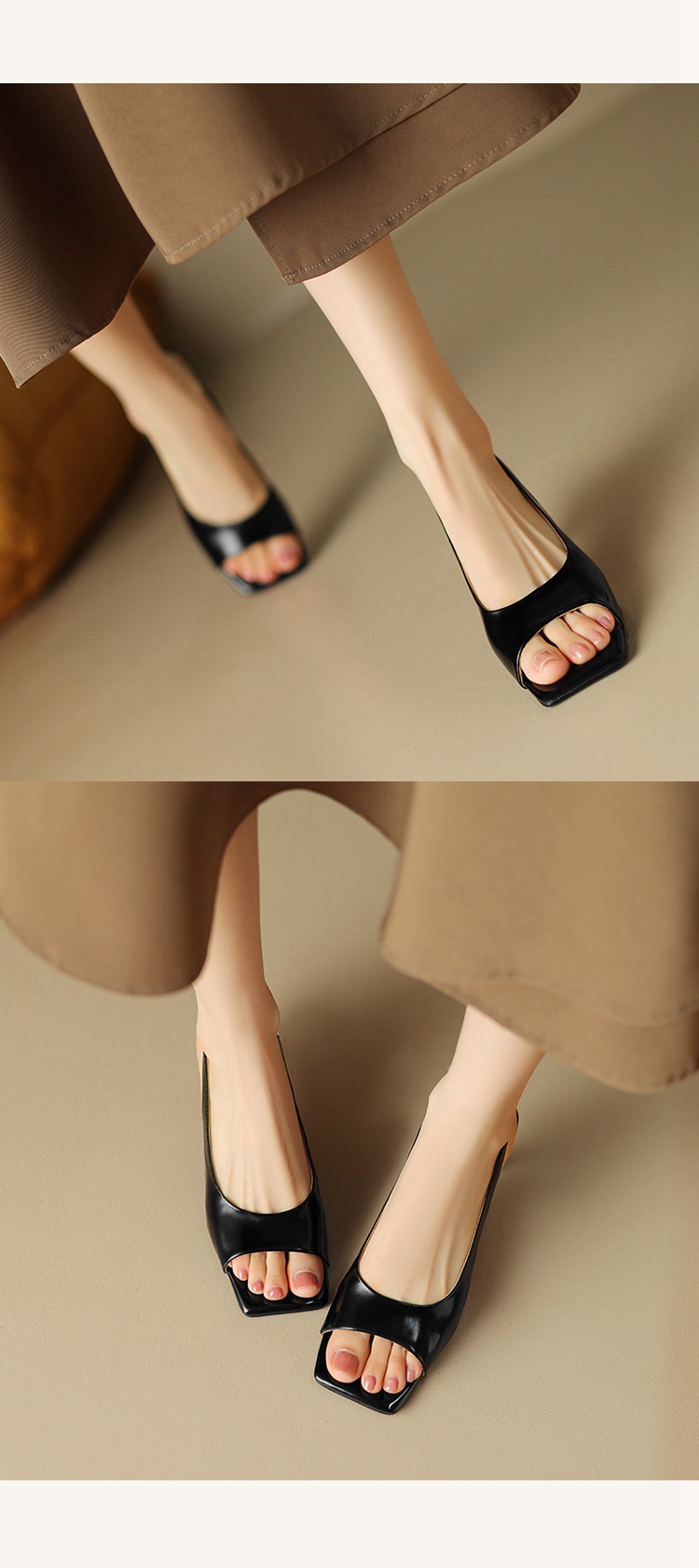 Sandal cao gót nữ mũi vuông hở mũi, gót thô 5.5 cm, phong cách Hàn Quốc, miệng nông — Da lộn cừu màu đen chi tiết 10