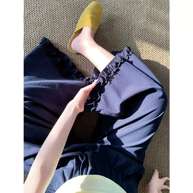 韩系木耳边九分阔腿裤女夏季2025新款高腰直筒休闲小个子微喇叭裤