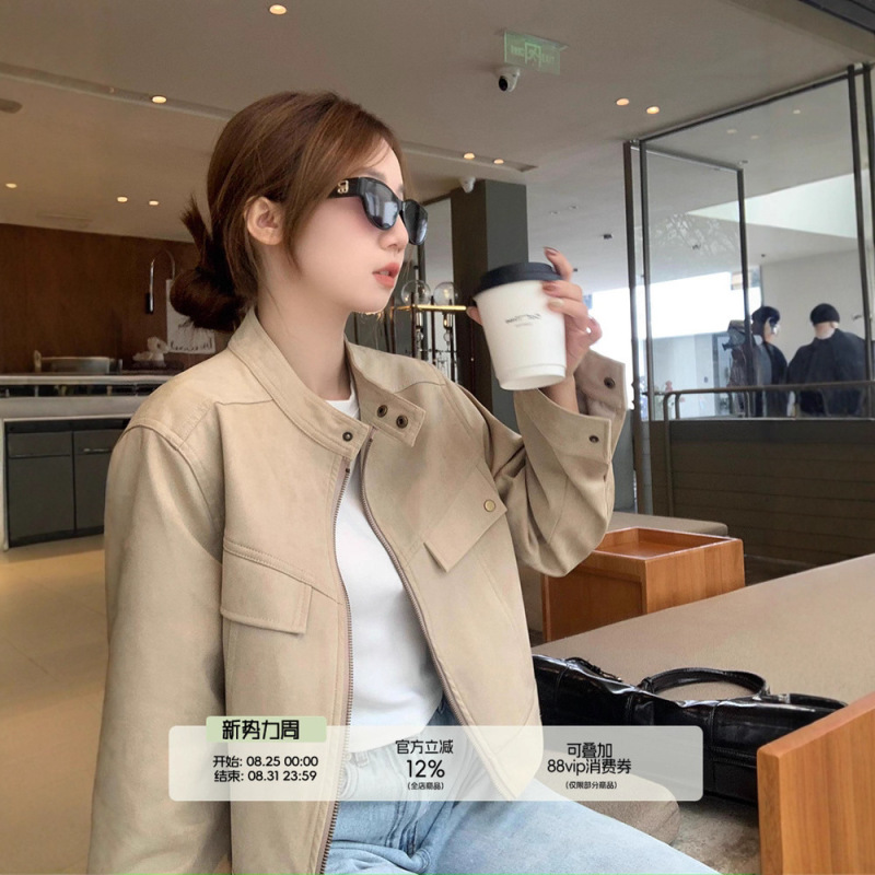 乌77美拉德咖色麂皮绒圆领外套女甜酷风机车服短款小个子夹克上衣|undefined