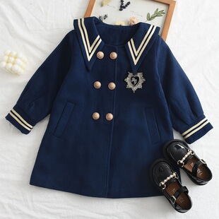 Girls' woolen coat mid-length college style autumn and winter navy style coat little girl British coat JK children's clothing