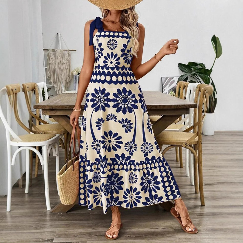 European and American Cross-border 2025 New Women's Fashion Printed Lace-up Shoulder Belt Waist Holiday Long dress