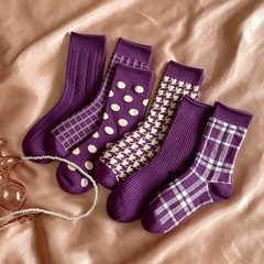 Women's Long Socks, Korean-style Instagram-inspired Mid-Calf Socks for Autumn & Winter, Harajuku-style Solid Colors, Preppy Look, High-Shaped, Versatile, Japanese-Style Thickened Design in Purple