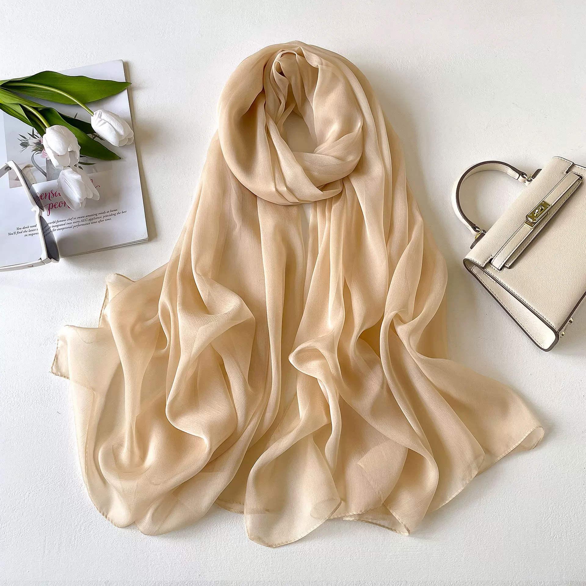 新款纯色百搭优柔纱围巾女仿真丝韩版丝巾女夏季防晒披肩仿沙滩巾