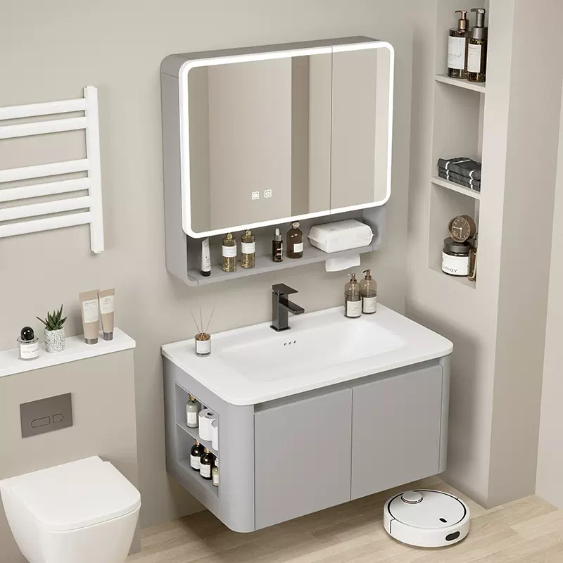 加厚蜂窝铝浴室柜带侧边柜收纳卫生间铝合金洗手台圆弧智能镜柜