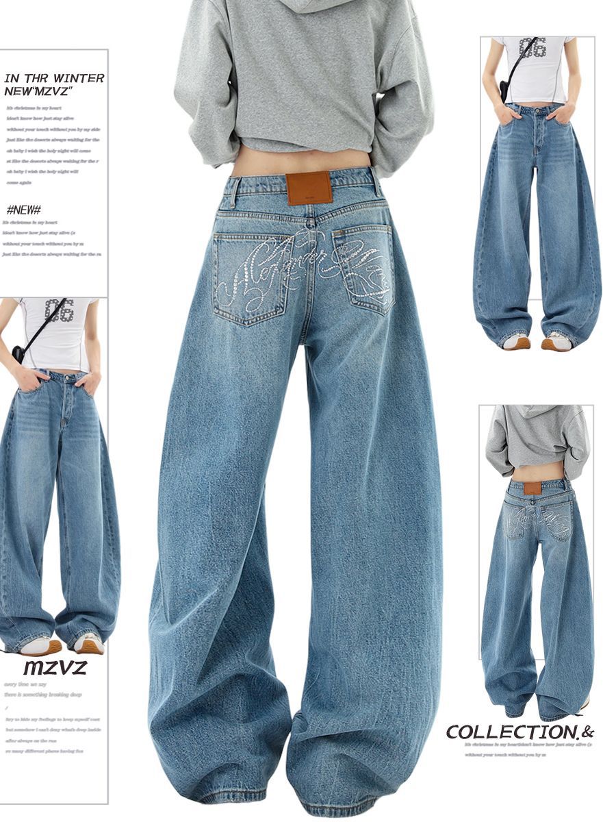Women's American Style Washed Rhinestone Silhouette Curved Cut Jeans Loose Wide Leg Trousers Casual Cotton Polyester Denim_ecoleips.com