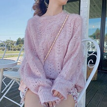 秋季甜美粉色毛衣女宽松慵懒风镂空马海毛针织衫圆领套头外穿超火