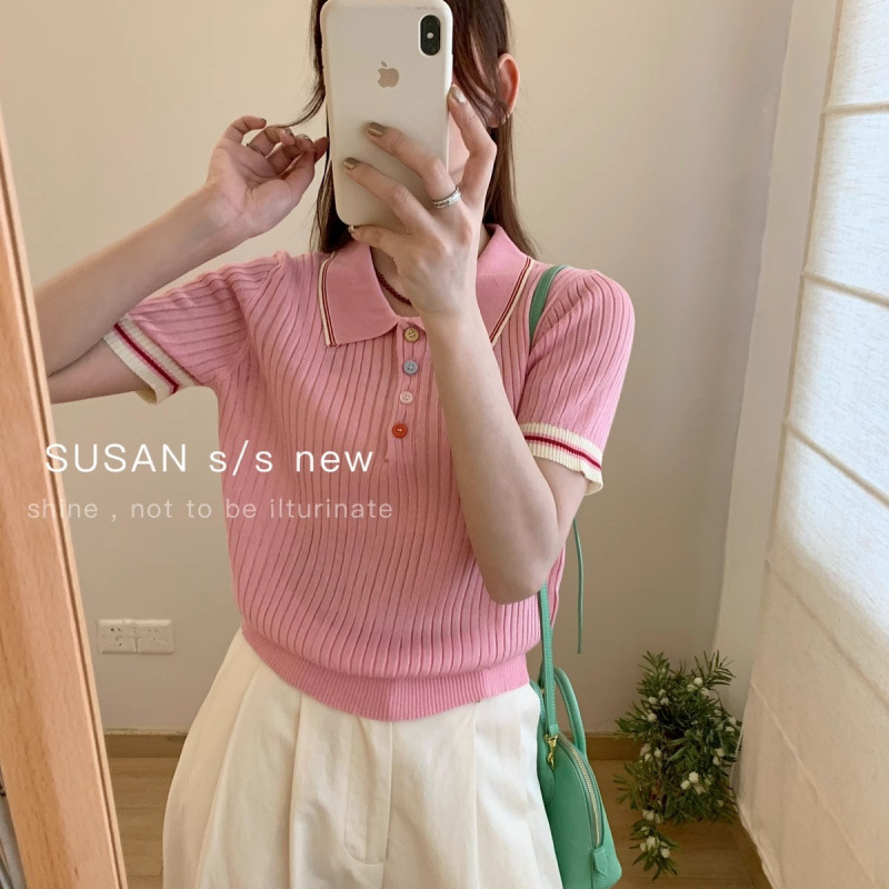 Fashionable Polo Collar Contrasting Color Cool Silk Knitted Short-Sleeved Summer New Retro Lapel Slim Casual Women's Clothing
