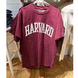 BM风美式酒红色Harvard哈佛刺绣短袖T恤女 bm情侣宽松上衣潮