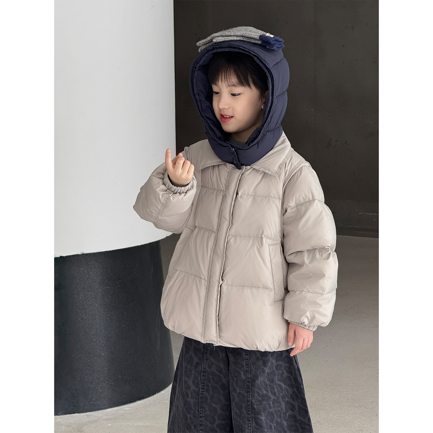 2025 Children's Down Jacket Winter Wear Korean Style Fashion Color Block Faux Two-Piece Hooded Patchwork Design Warm Casual Outerwear