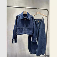 衣服欧美套装潮牌小众设计别致独特蓝色外套裤子两件套装女秋冬季
