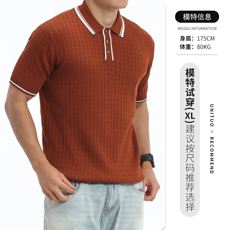 Europa y Estados Unidos transfronterizos hombres collar de color contrastante hielo de punto polo camisa de manga corta de negocios casual alta sensación de ropa de hombre