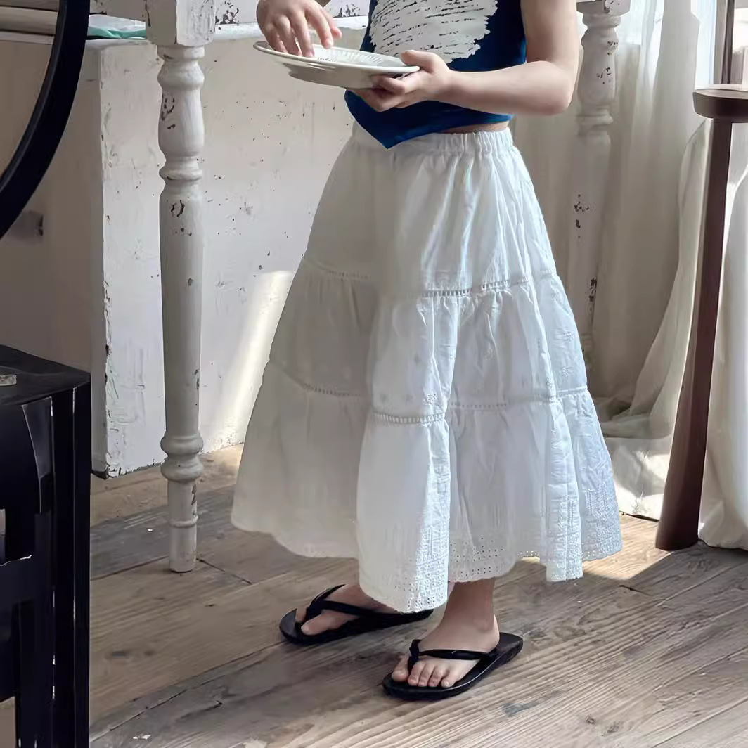 2024夏新款童裝 女童蕾絲刺繡A字傘裙長裙兒童復古高腰垂感半身裙