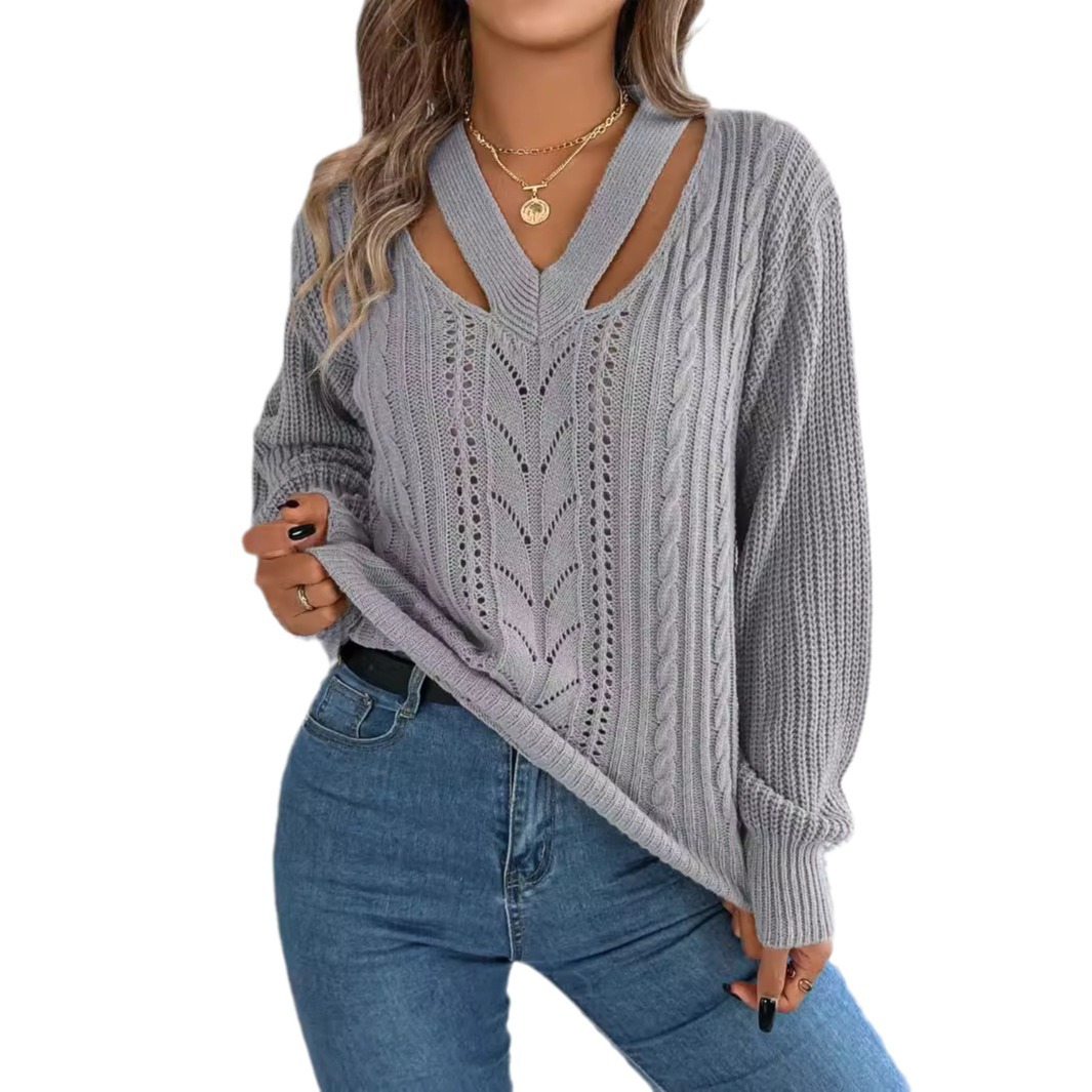 Women's Clothing Real shot of 2024 autumn and winter casual hollow V neck twisted lantern sleeve pullover sweater women's clothing_voghion.com