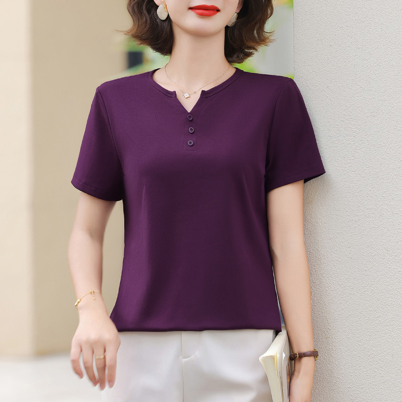 Vネックショルダー半袖Tシャツレディース2025新作夏人気レディースフィット美年齢軽減トップス半袖Tシャツ|undefined