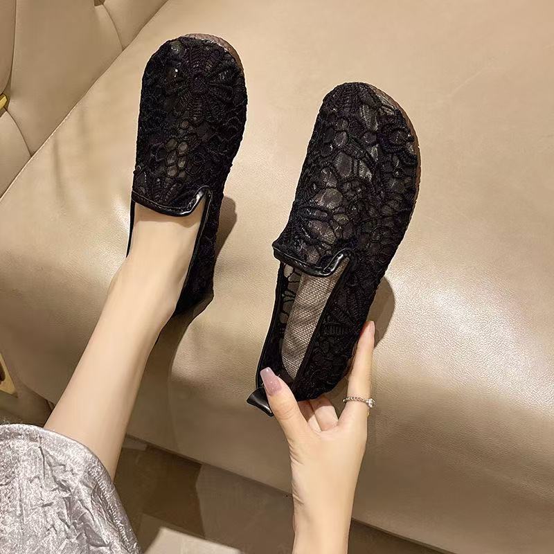 Zapatos de red finos de verano, lentejuelas de encaje para mujer, zapatos de boca baja, zapatos de tela viejos de Beijing huecos de lino, zapatos de frijoles estilo hada