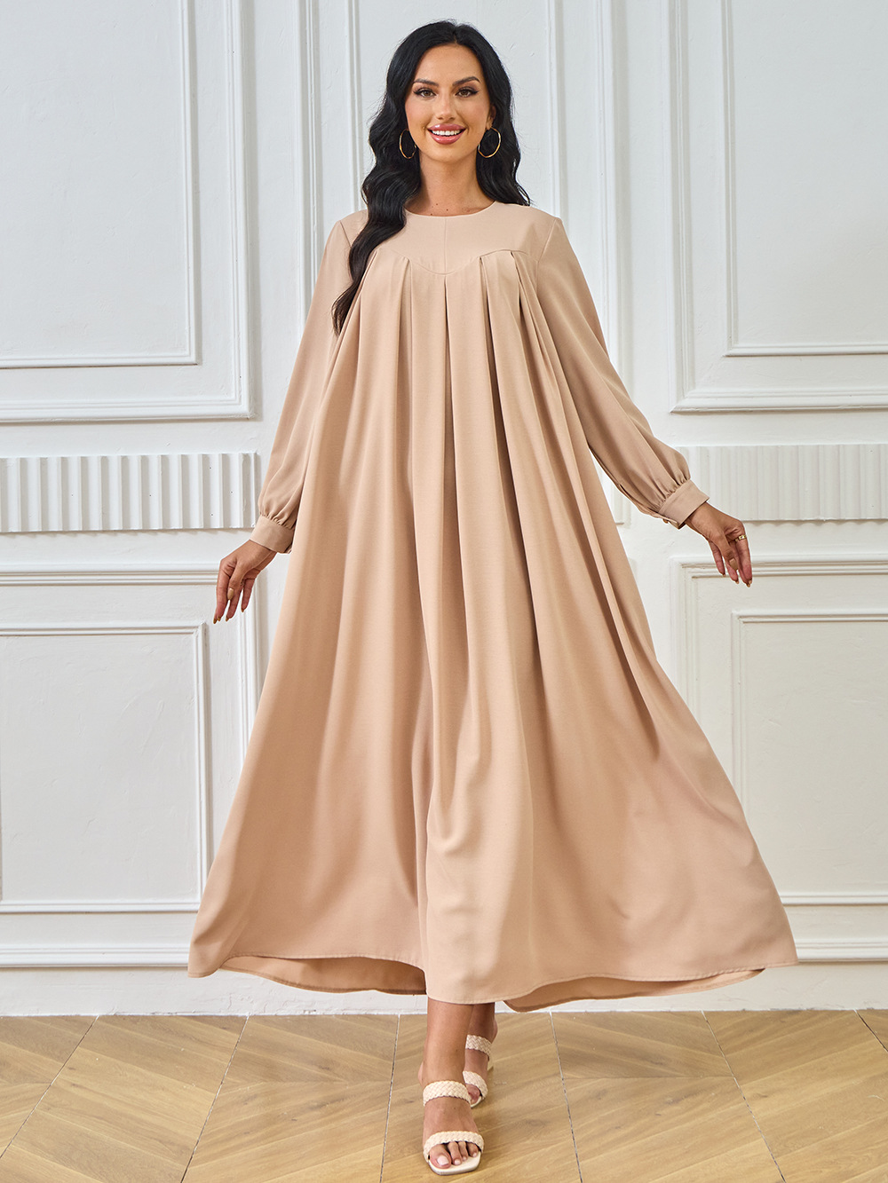 New Abaya Arab Cross-border Middle Eastern Muslim Robe Long-sleeved Solid Color Large Hem Dress Long Skirt Women's_ecoleips.com