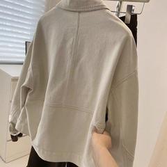 女装水洗斜纹棉百搭宽松牛仔外套女明线设计短款夹克上衣春米白色