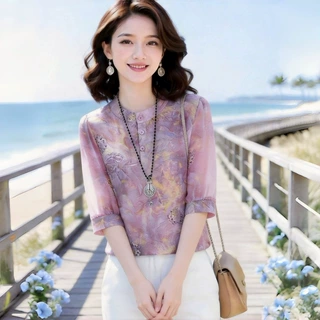 品质保证舒适真丝气质减龄中年女夏季真丝七分袖休闲衬衫柔软显瘦