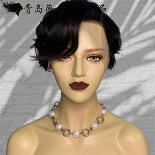 Amazon new real human hair short pixie headgear bob wave human hair cut wig