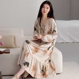 春秋新款纯棉拉架女士长袖套头睡裙睡衣时尚休闲女家居服图片色
