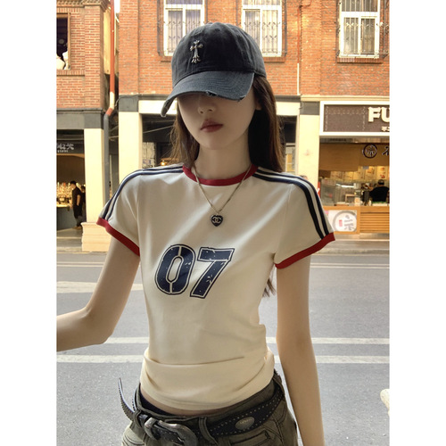 Summer Korean style temperament figure-fit contrasting bars American digital print short-sleeved T-shirt top